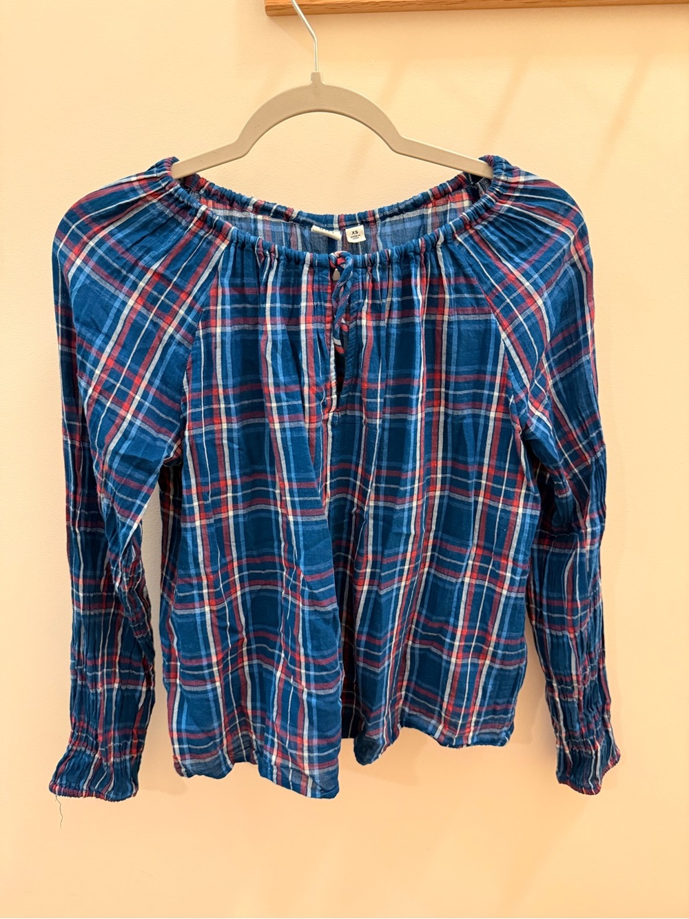 GAP Blue Plaid Peasant Blouse with Red and White Accents